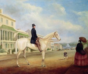 Cavalier sur un cheval blanc, probablement dans Macquarie Street North, vers 1850